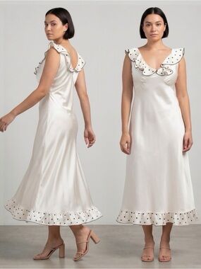 Caroline Constas Women’s Arleen Ivory Silky Satin Embroidered Midi Slip Dress